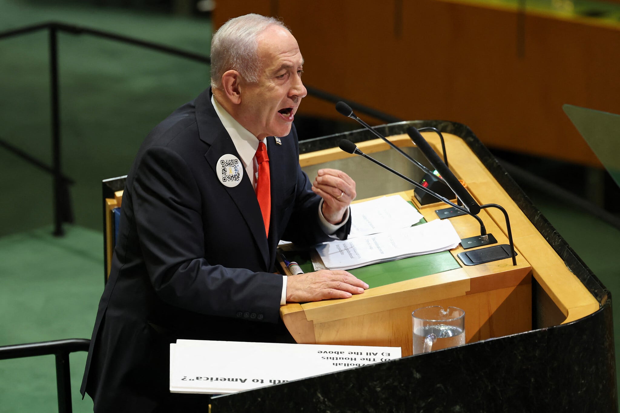 Prime Minister Benjamin Netanyahu speaks during the General Debate of the United Nations General Assembly at UN headquarters in New York City on September 26, 2025. (ANGELA WEISS / AFP)