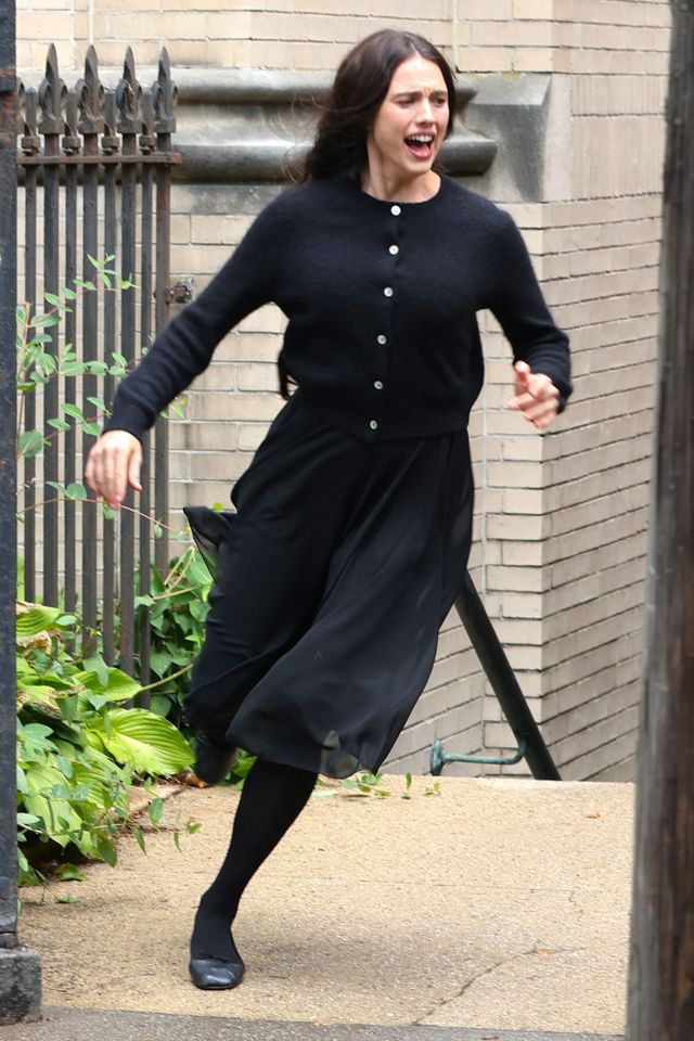 Margaret Qualley is seen on the set of