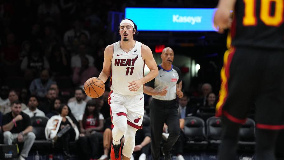 Miami Heat forward Jaime Jaquez Jr. (11) dribbles against the Atlanta Hawks