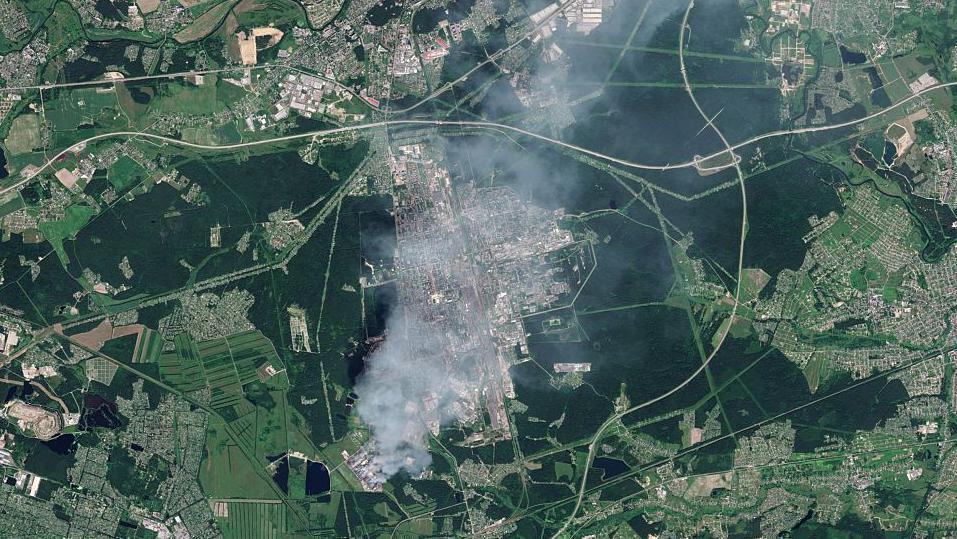 A satellite image shows the extent of the fire that engulfed the Wildberries hub in Elektrostal, east of Moscow