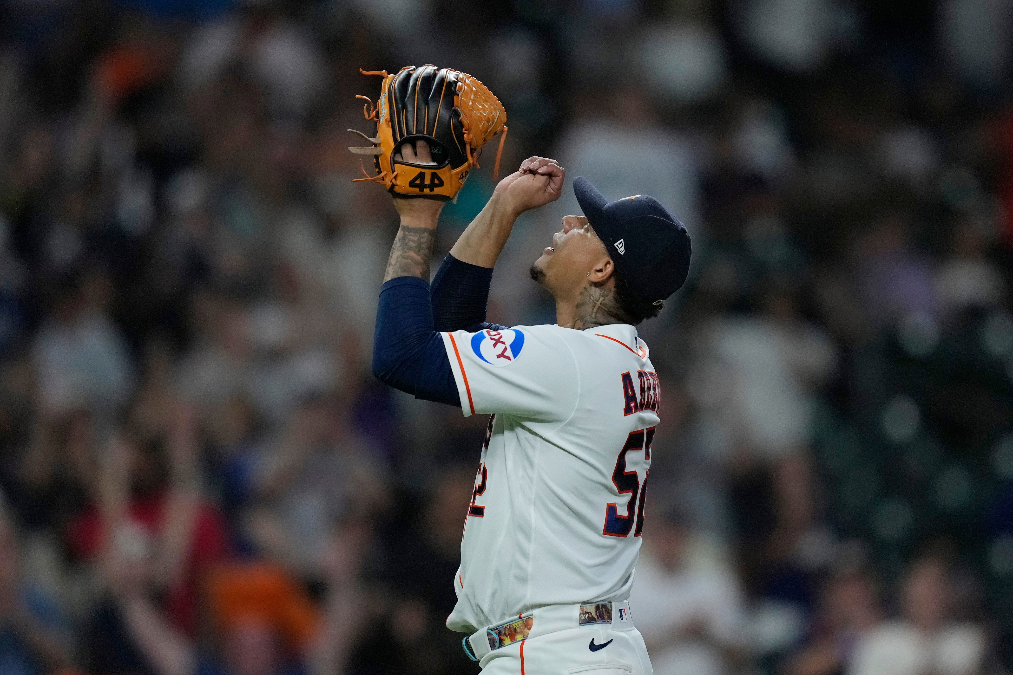 Houston Astros pitcher Bryan Abreu celebrates after a baseball game against the Miami Marlins, Wednesday, July 22, 2026, in Houston. (AP Photo/Kevin M. Cox)