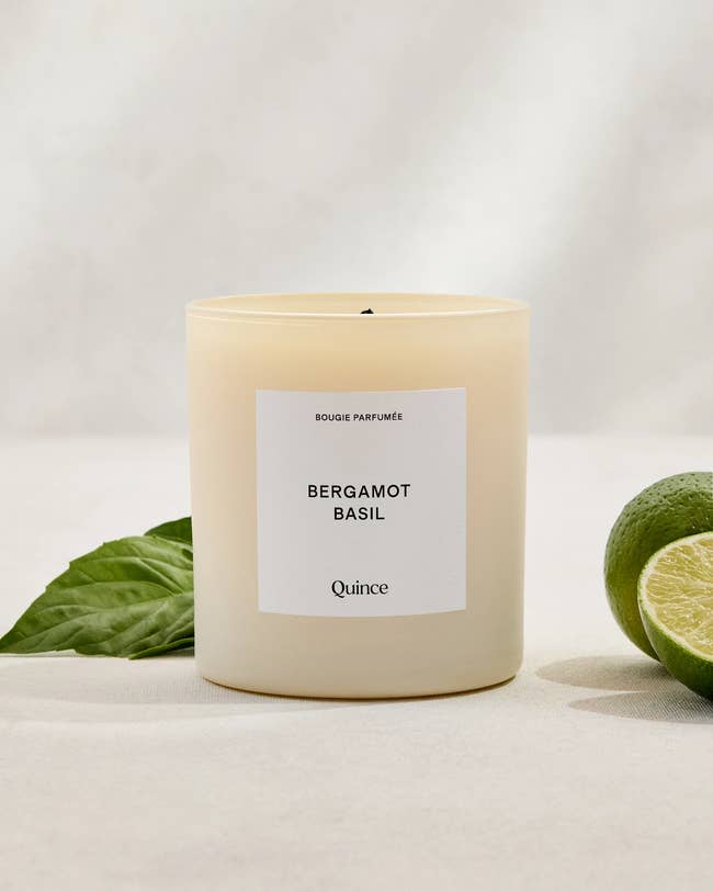 Bergamot Basil scented candle by Quince, displayed with a basil leaf and lime slice, on a light background