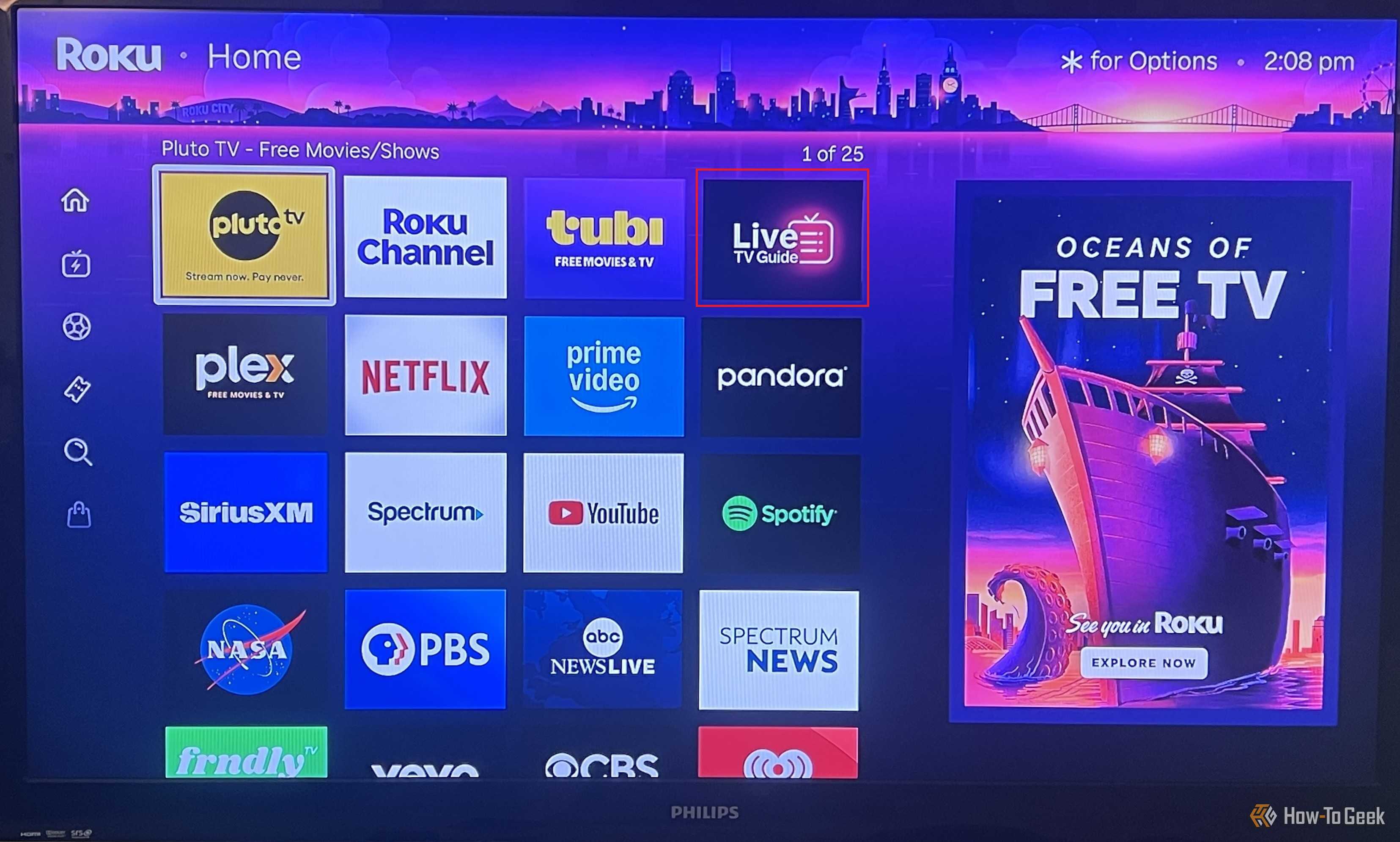 An image of the Roku TV home screen. Live TV is highlighted in a red box.