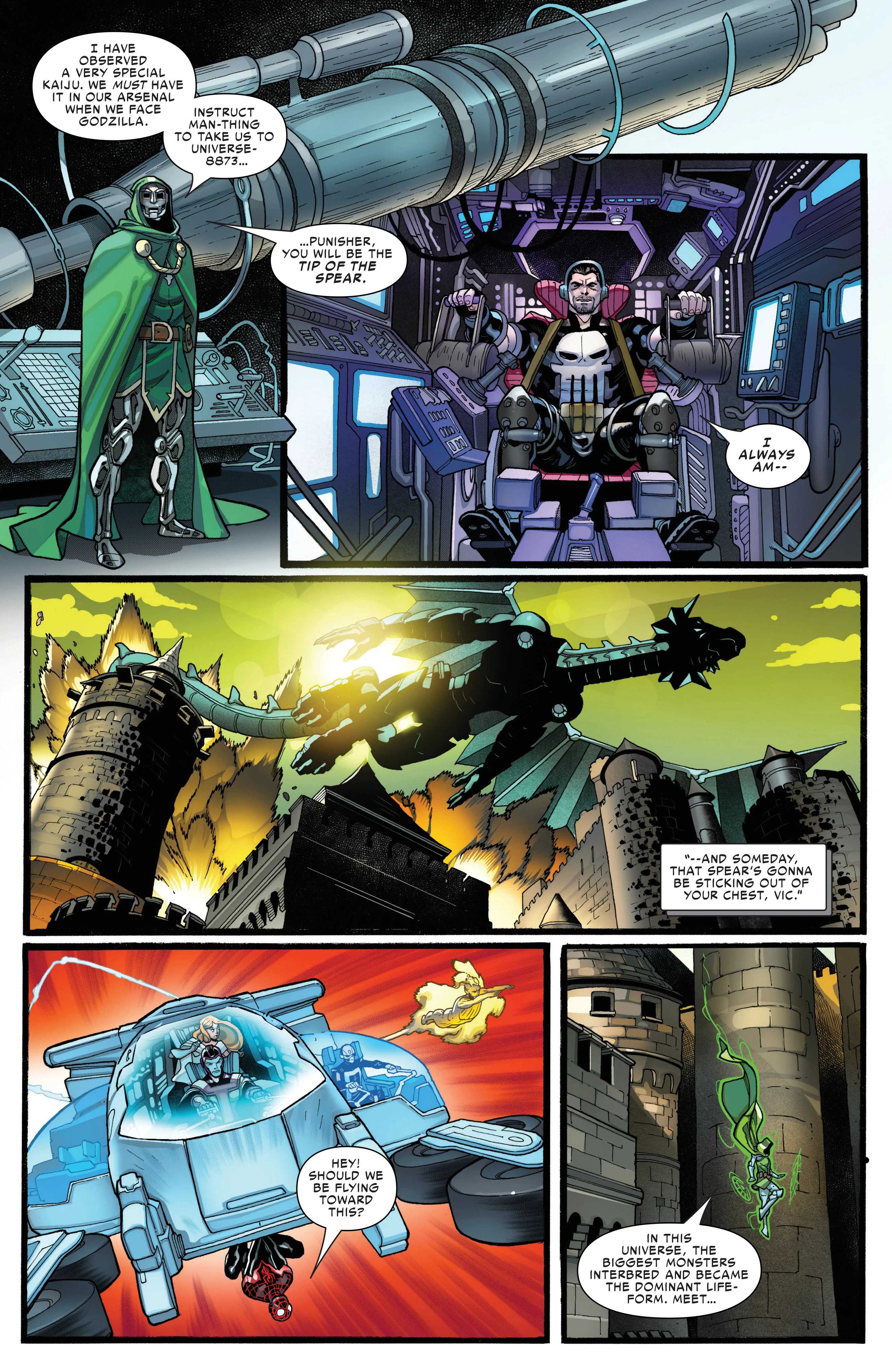 The Punisher pilots a mecha Fin Fang Foom in Godzilla Conquers the Multiverse #1
