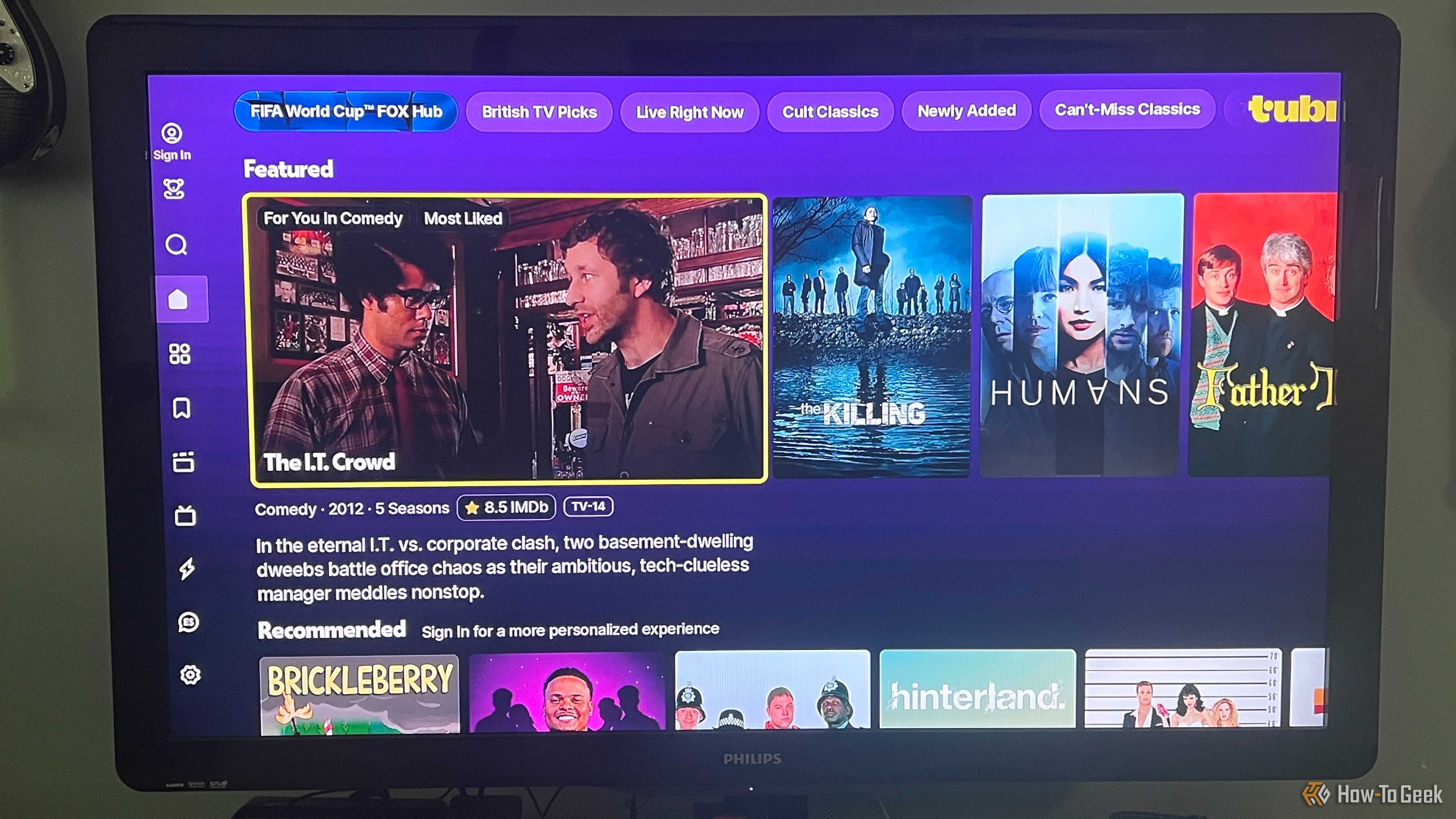 An image of a TV with Tubi's home screen being displayed.