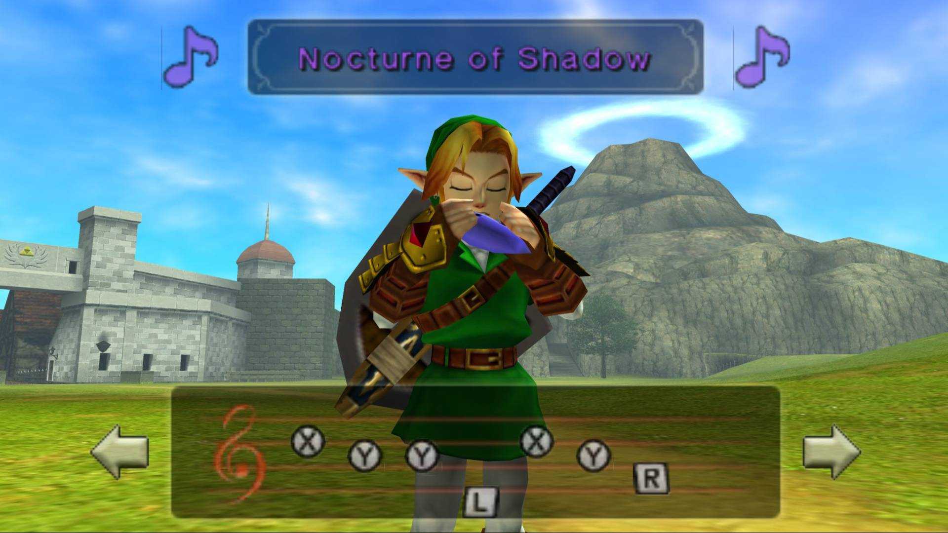 Link playing the Ocarina in Ocarina of Time 3D.