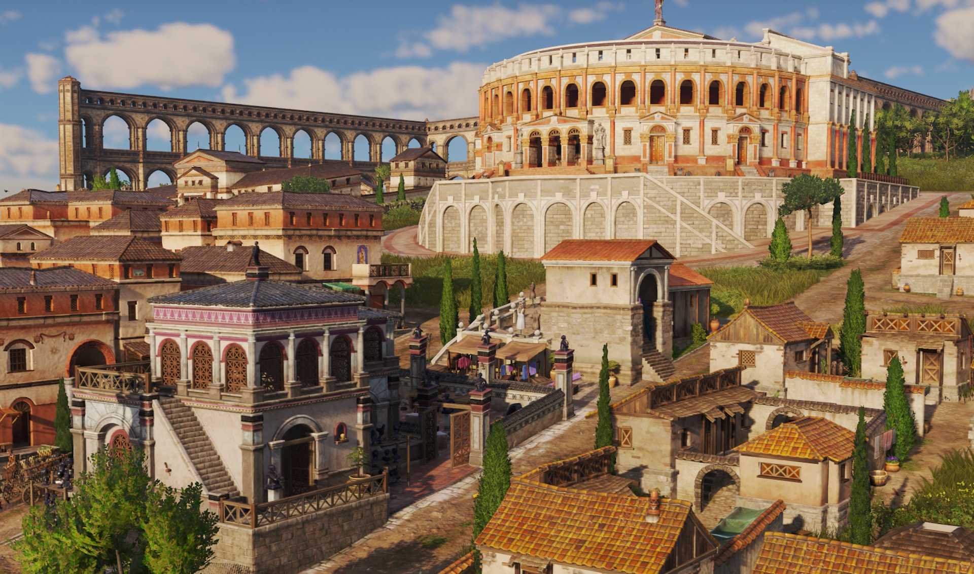 A statuette production building in front of a theatre in Anno 117