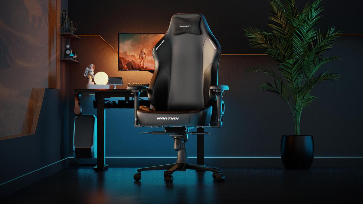 DXRacer Martian in an office setting with dramatic lighting.