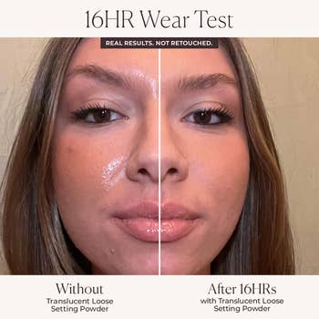 Split image of a person's face; left side without translucent setting powder, right side after 16 hours with powder, showing makeup durability