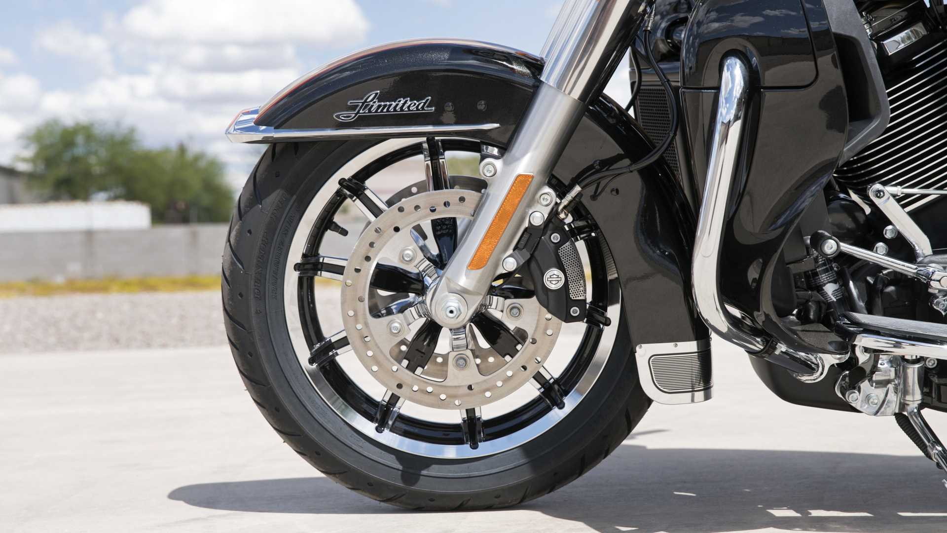 A close-up shot of the 2017 Harley-Davidson Ultra Limited's front wheel