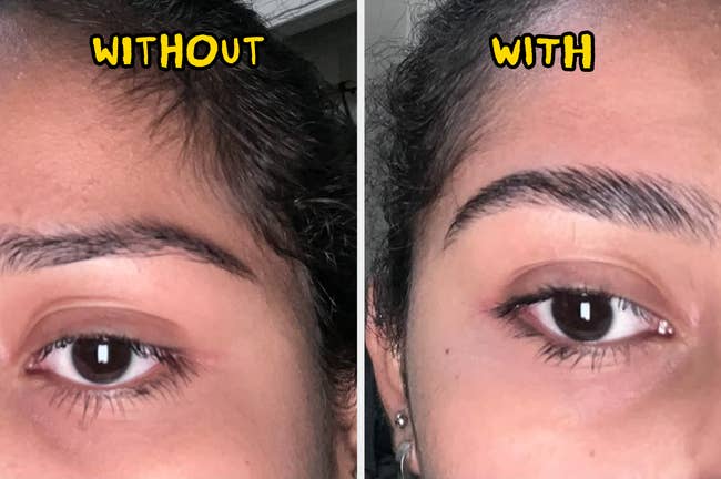 Comparison of reviewer's eyebrows without and with brow gel; left shows natural eyebrow, right shows fuller, defined eyebrow