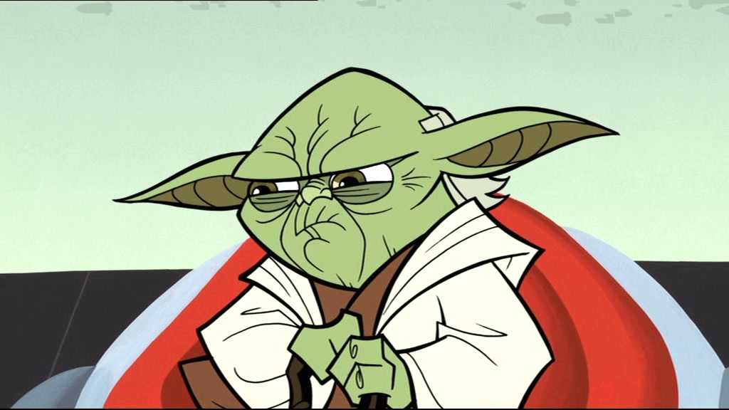 Yoda grimacing in his Jedi temple chair in Clone Wars (2003)