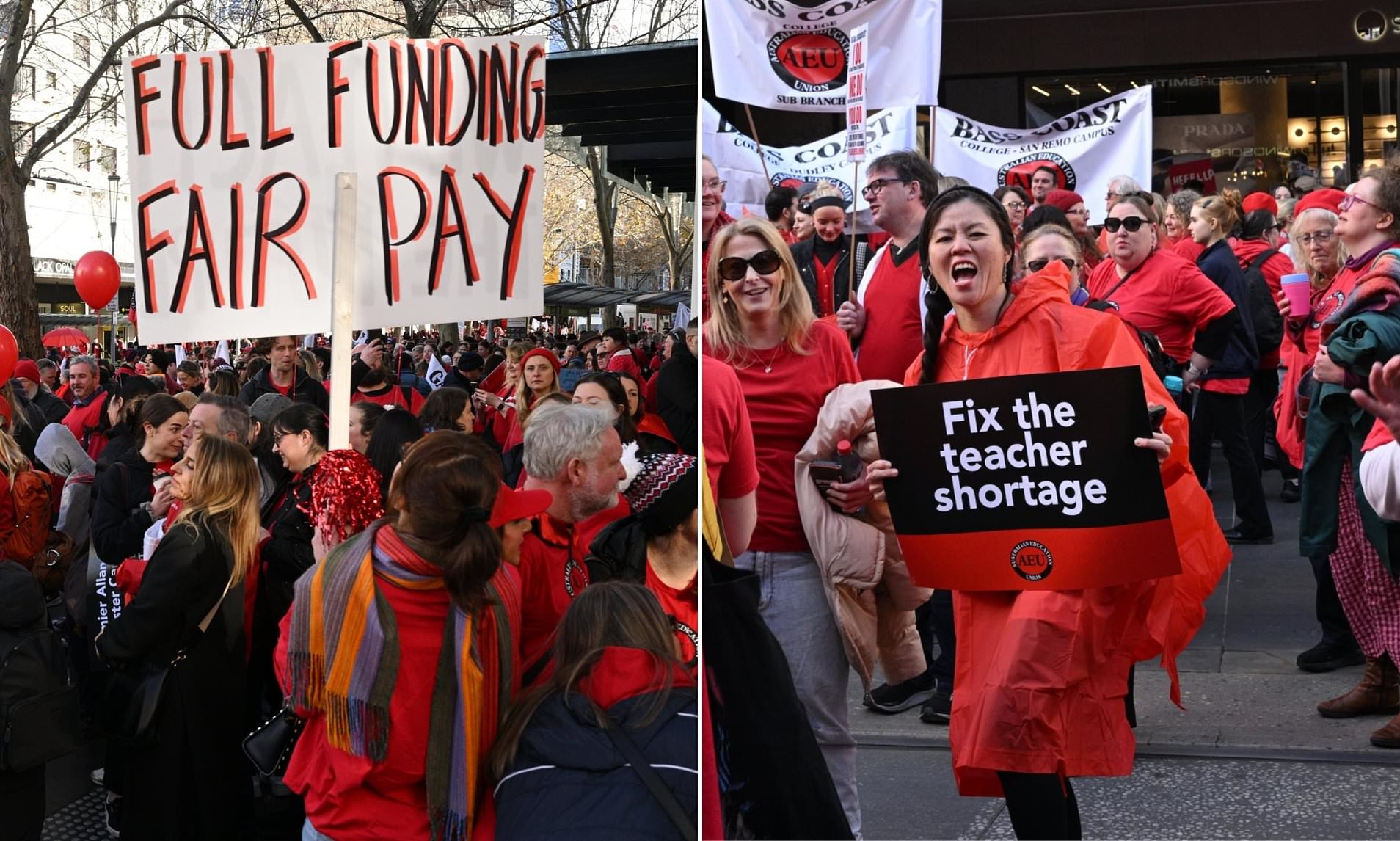 Thousands of teachers strike after rejecting 28 per cent pay rise - as Melbourne turns red