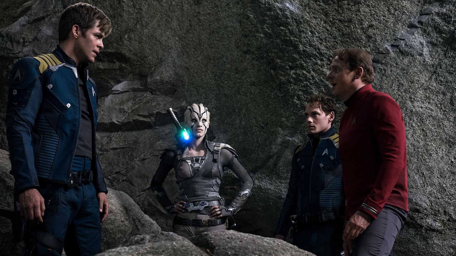 Kirk Jaylah Chekov and Scotty in Star Trek Beyond
