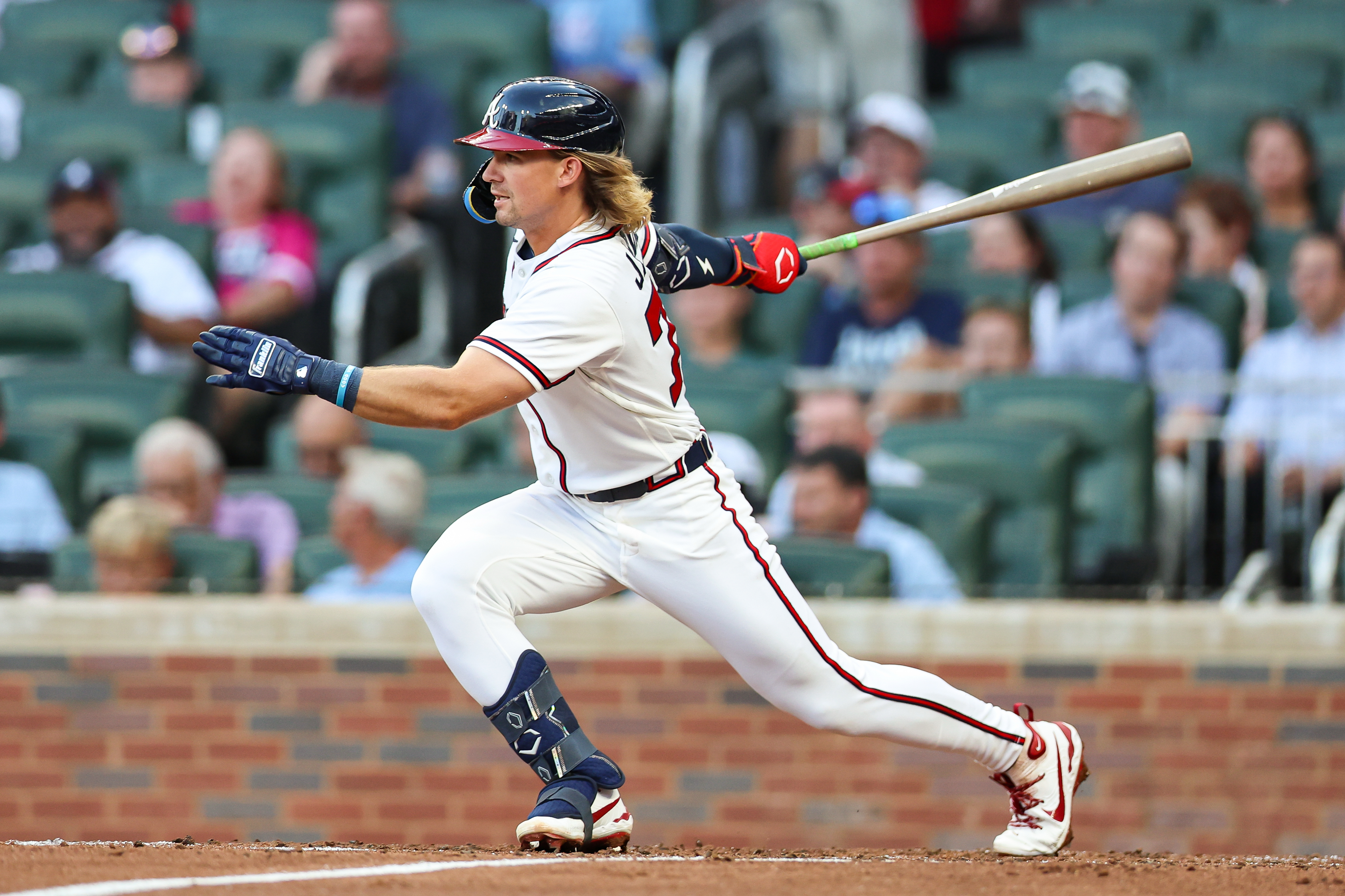 Atlanta Braves' Jim Jarvis hits a single in the second inning of a baseball game against the San Diego Padres, Wednesday, July 22, 2026, in Atlanta. (AP Photo/Colin Hubbard)