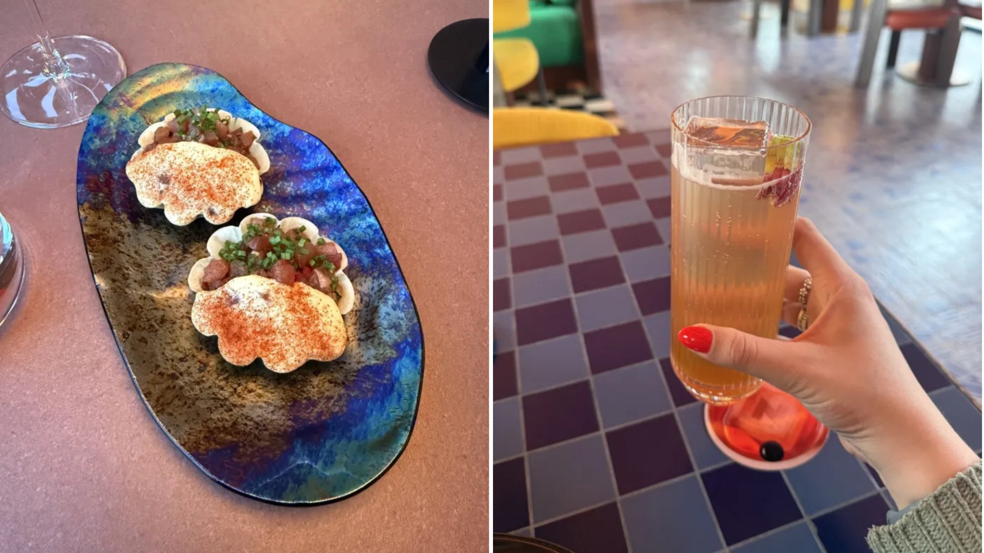 A plate of crudo and a hand holding a long cocktail at Andaz Lisbon.