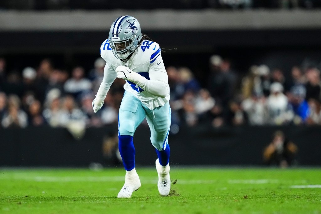 LAS VEGAS, NV - NOVEMBER 17: Jadeveon Clowney #42 of the Dallas Cowboys rushes the passer during an NFL football game against the Las Vegas Raiders at Allegiant Stadium on November 17, 2025 in Las Vegas, Nevada. (Photo by Cooper Neill/Getty Images)