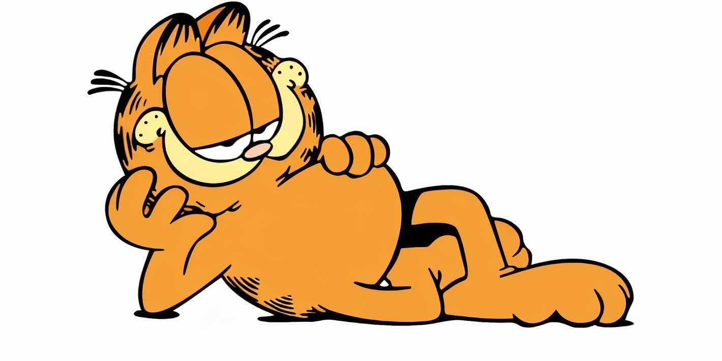 Garfield laying down, resting his head in his hand, smiling, against a white backdrop.