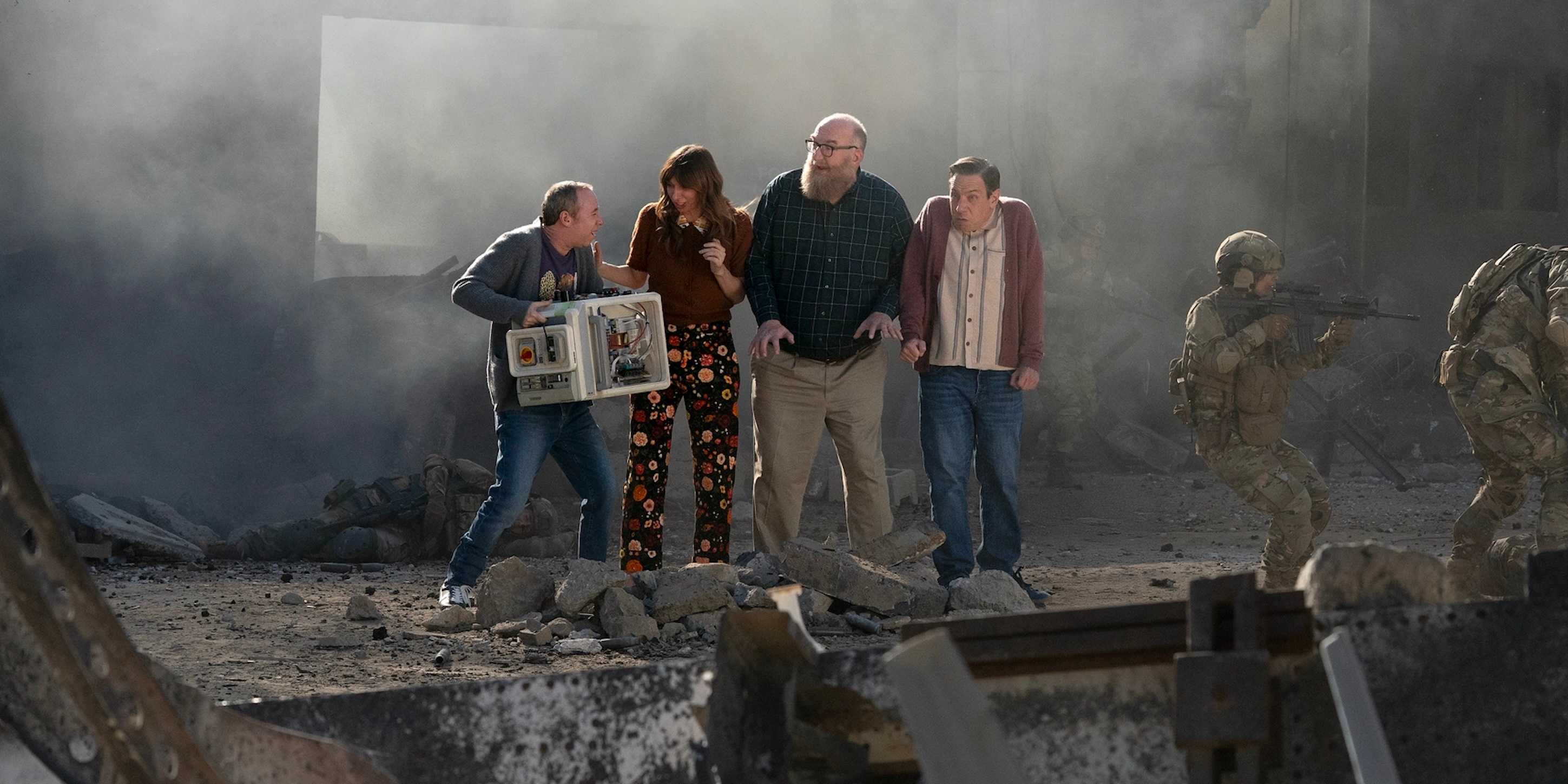 Stuart (Kevin Sussman), Denise (Lauren Lapkus), Bert (Brian Posehn) and Barry (John Ross Bowie) on Stuart Fails to Save the Universe