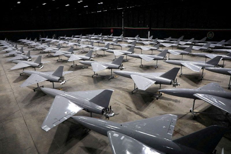 FILE PHOTO: Iranian drones are displayed during a ceremony of the joining new drones to the Iranian Army's combat organisation in an undisclosed location in Iran
