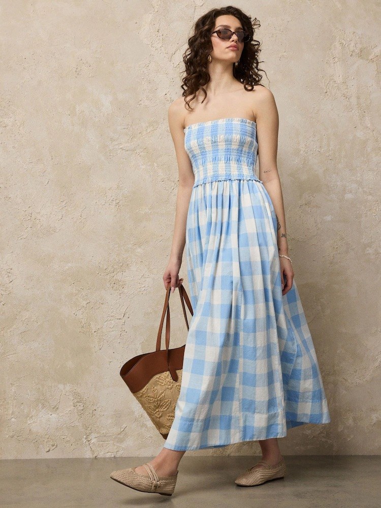 Next Blue Gingham Bandeau Shirred Body Midi Dress