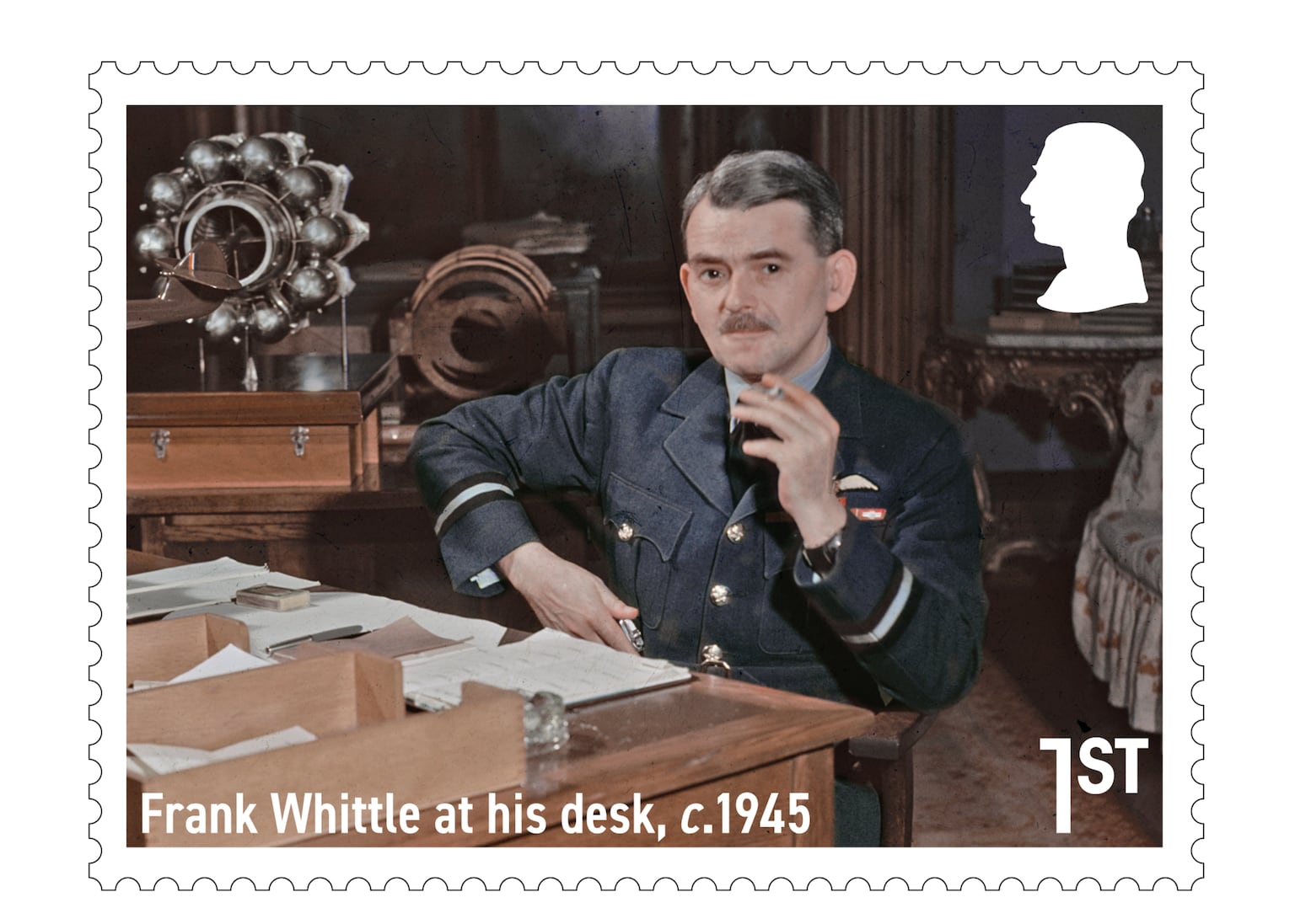 Sir Frank Whittle at his desk features on one of the stamps