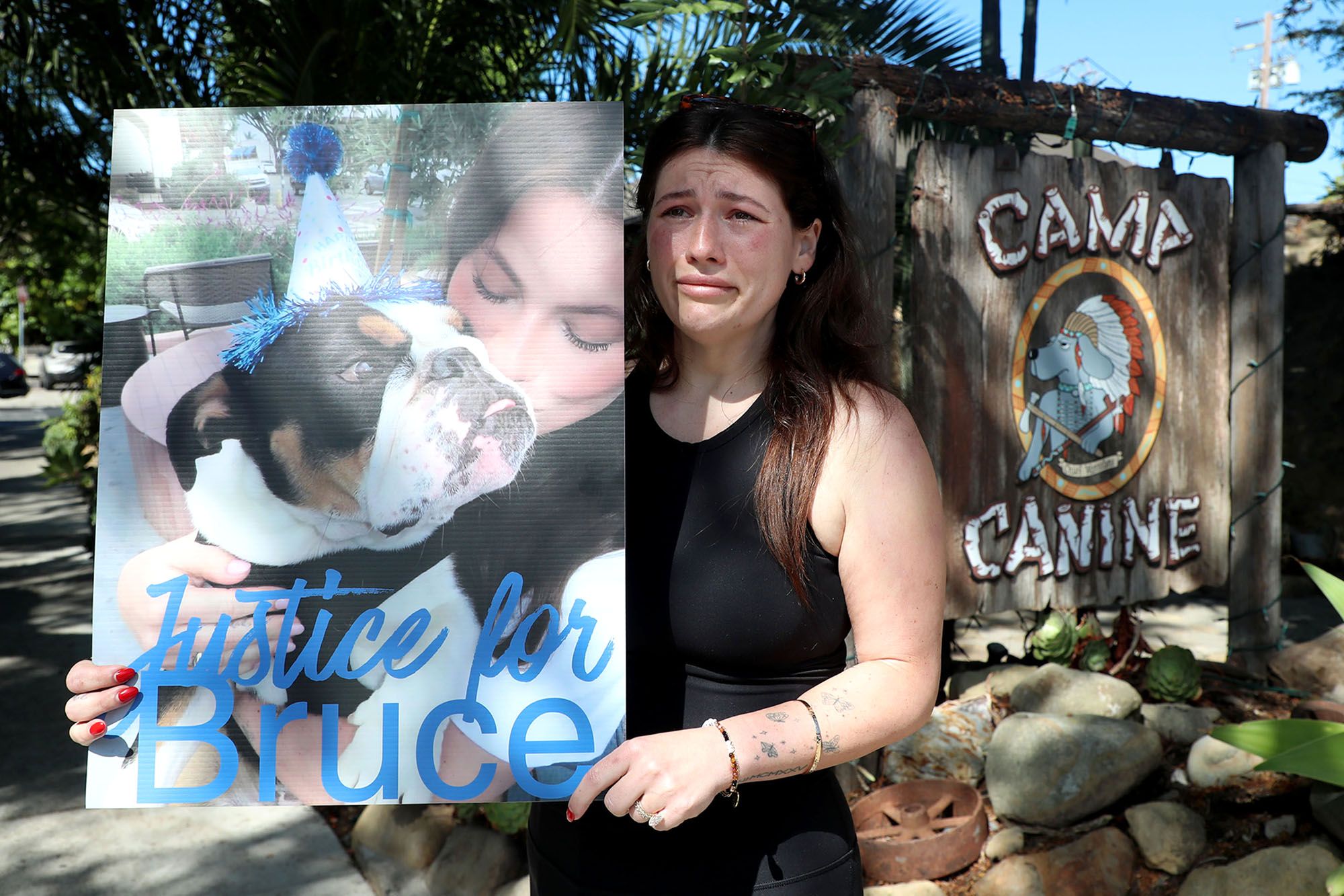 Dog owner breaks down in tears outside daycare where her beloved bulldog allegedly drowned