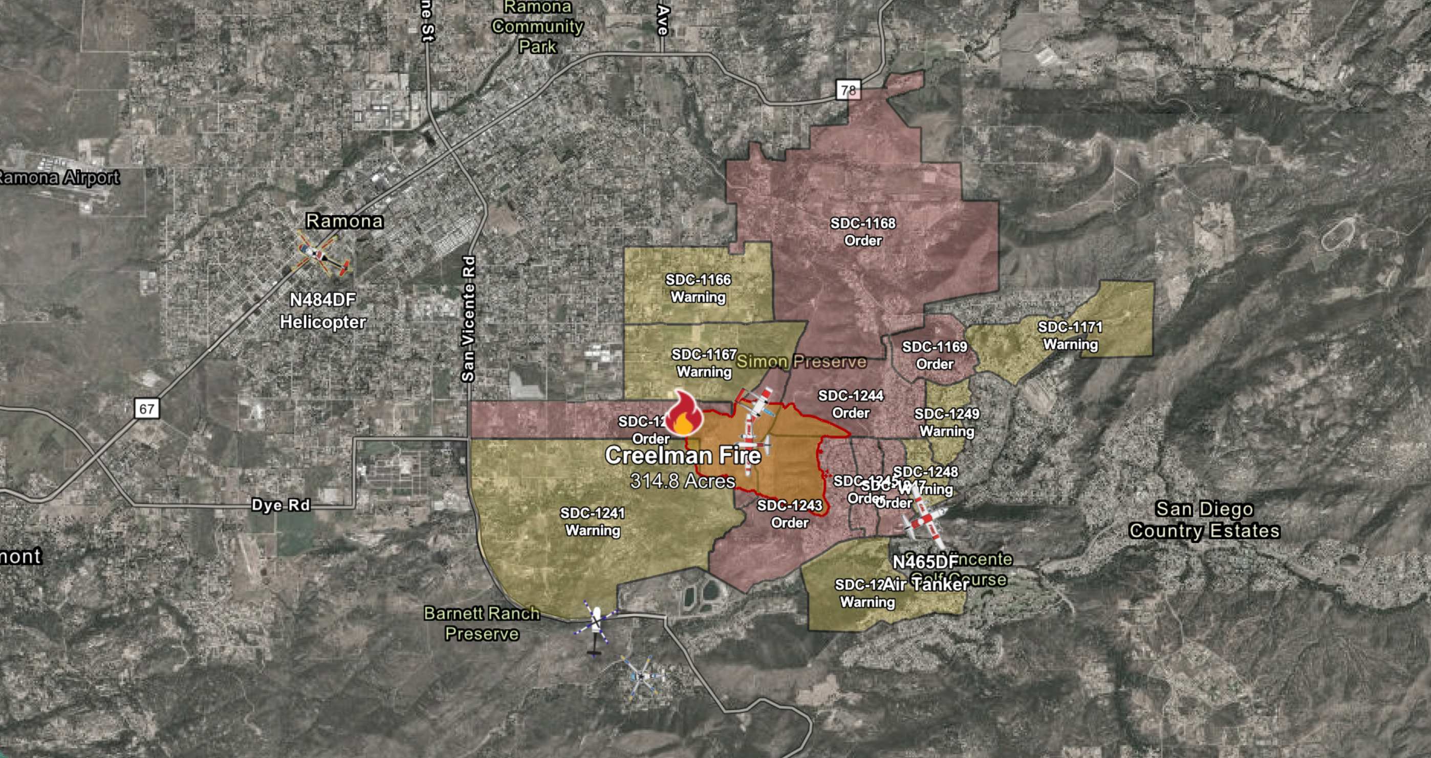 This map shows Creelman Fire mandatory evacuation order zones in red and evacuation warning areas in yellow as of 4:43 p.m. Wednesday. Click the map for Cal Fire updates.