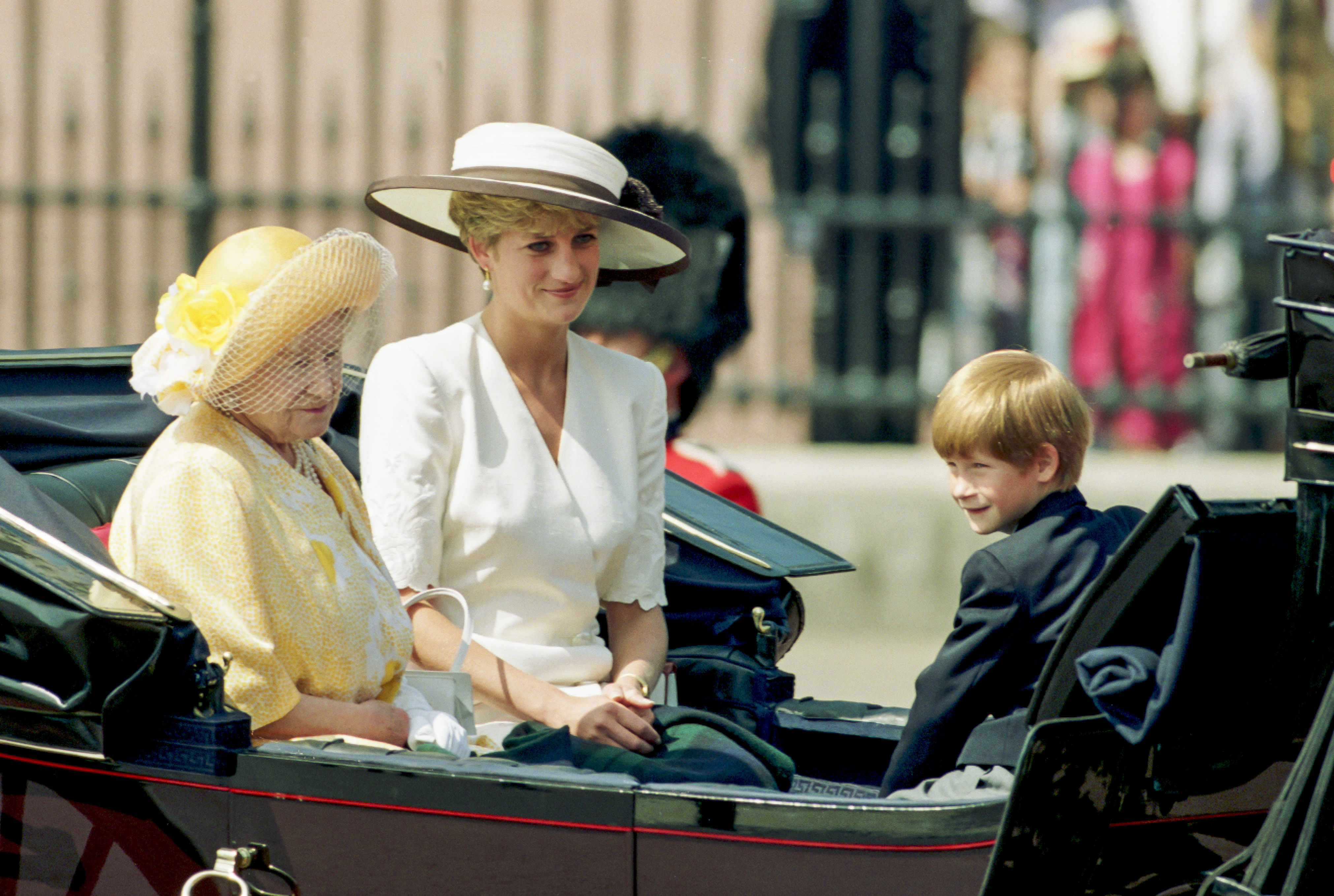 Princess Diana, the Queen Mother and Prince Harry in a carriage at Trooping the Colour 1992