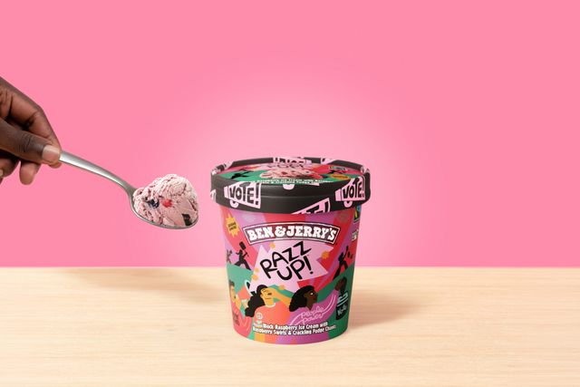 Ben Jerrys Pizz Pop ice cream container and a spoon with a scoop of ice cream