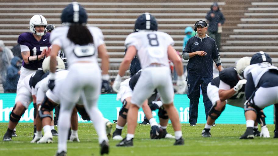 Penn State Nittany Lions coach Matt Campbell watches from behind the line of scrimmage during practice at Beaver Stadium.