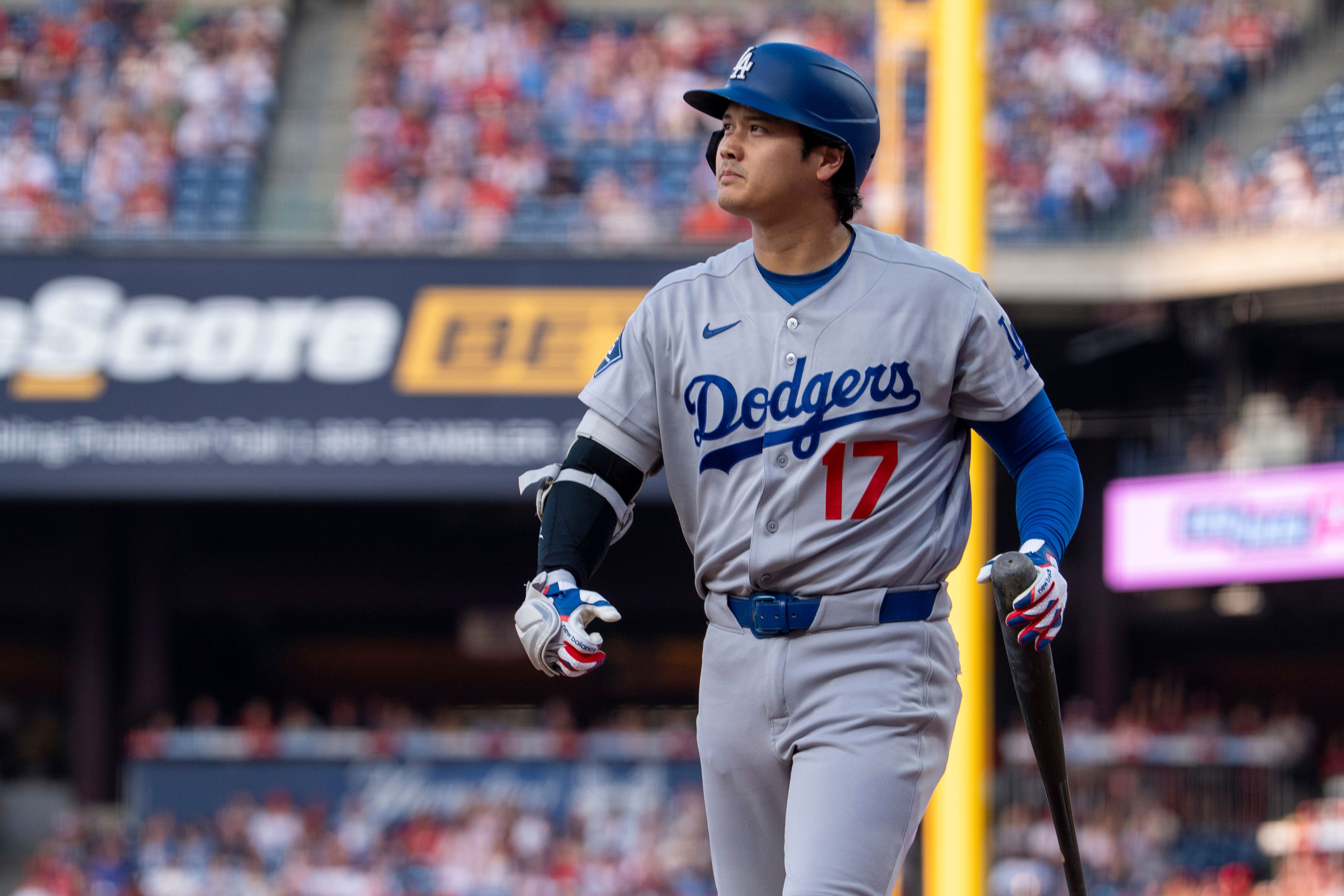 Los Angeles Dodgers' Shohei Ohtani looks on after striking out during the first inning of a baseball game against the Philadelphia Phillies, Monday, July 20, 2026, in Philadelphia. (AP Photo/Chris Szagola)