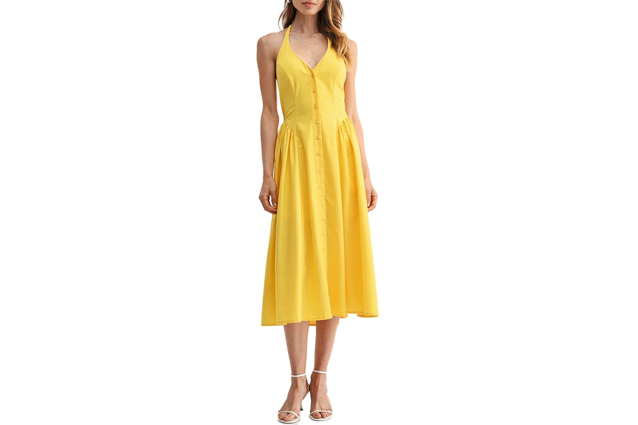 Halter Button Front Midi Dress