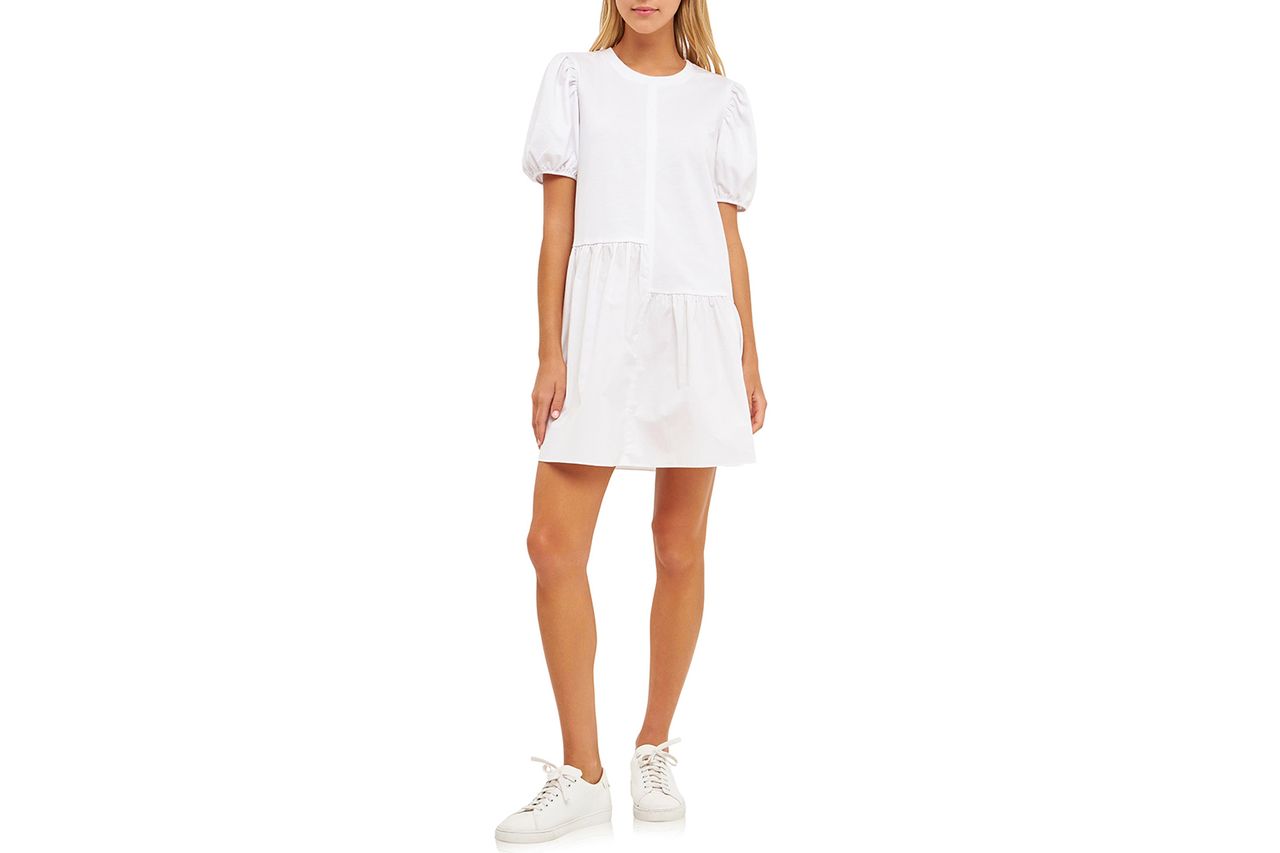 English Factory Puff Shoulder Mixed Media Minidress