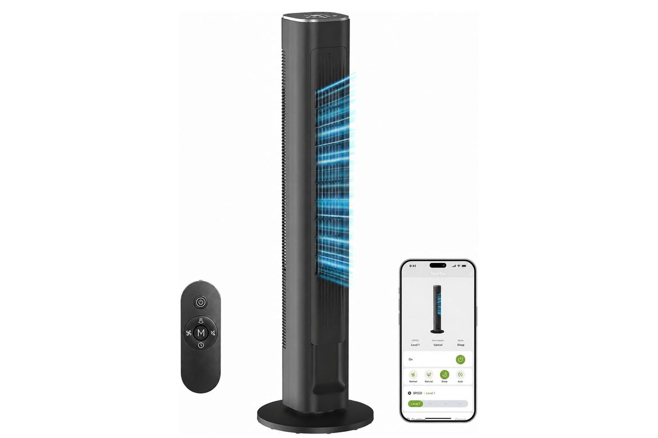 MORENTO Tower Fan for Bedroom, 2026 Upgraded 90° Oscillating Standing Fan with 4 Speeds, 4 Modes, 25ft/s High Speed Tower Fan with APP/Voice/Remote/Touch Control, 28dB, 12H Timer, Black 1Pack