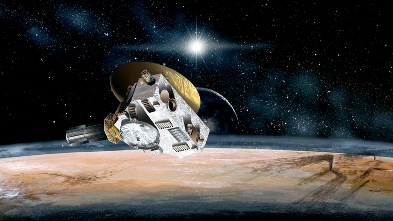 An illustration of a spacecraft above a tan planet