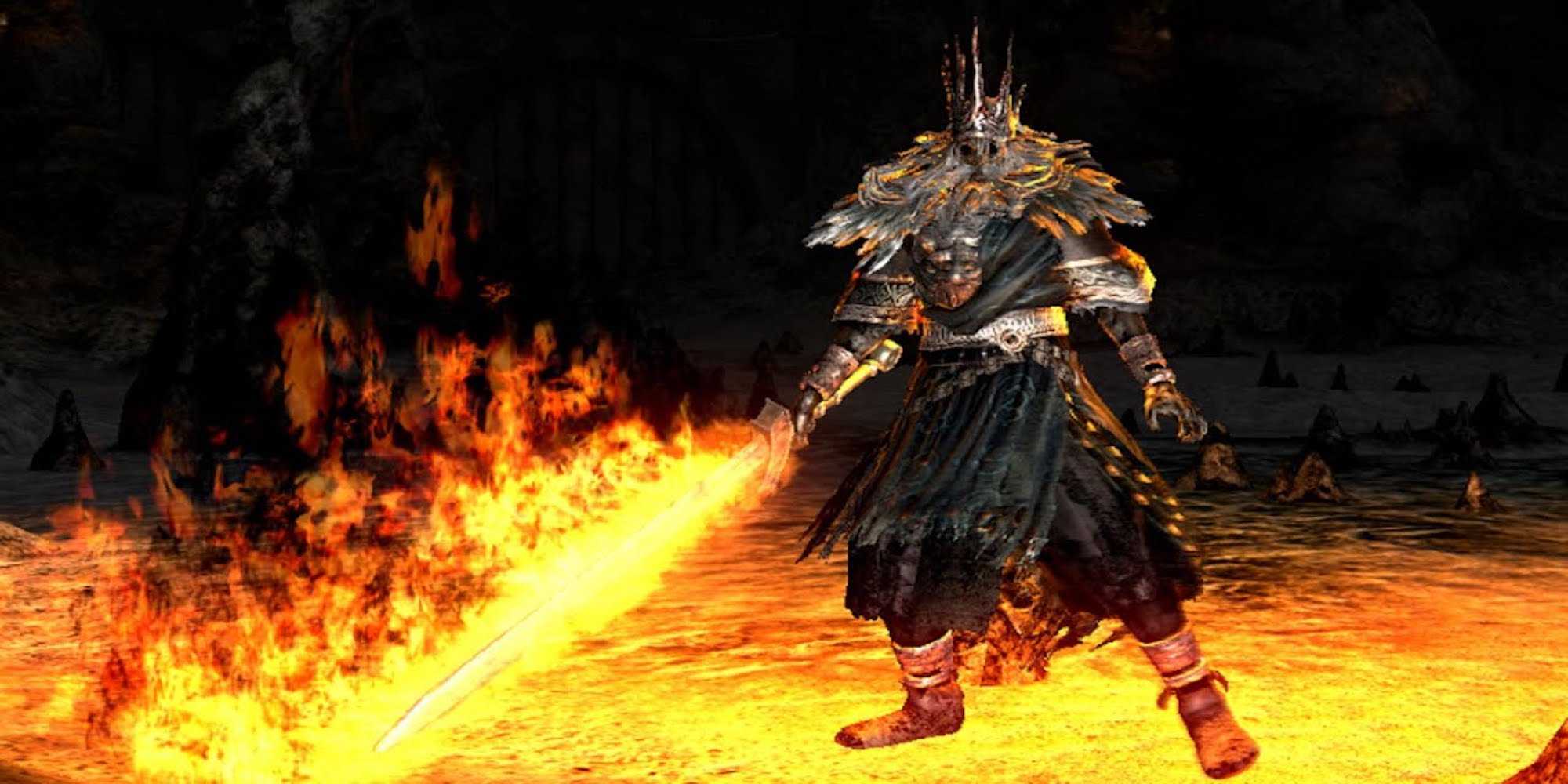 Gwyn, Lord of Cinder holding a fiery weapon (Dark Souls)