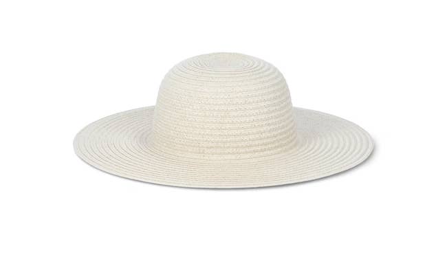 Wide-brimmed straw hat displayed on a plain background, ideal for sun protection and summer style