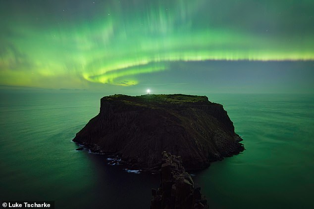 Luke Tscharke's Tasman Arc, showing the Aurora Aurealis sweeping across Tasman Island, got an honourable mention in the Nightscapes category