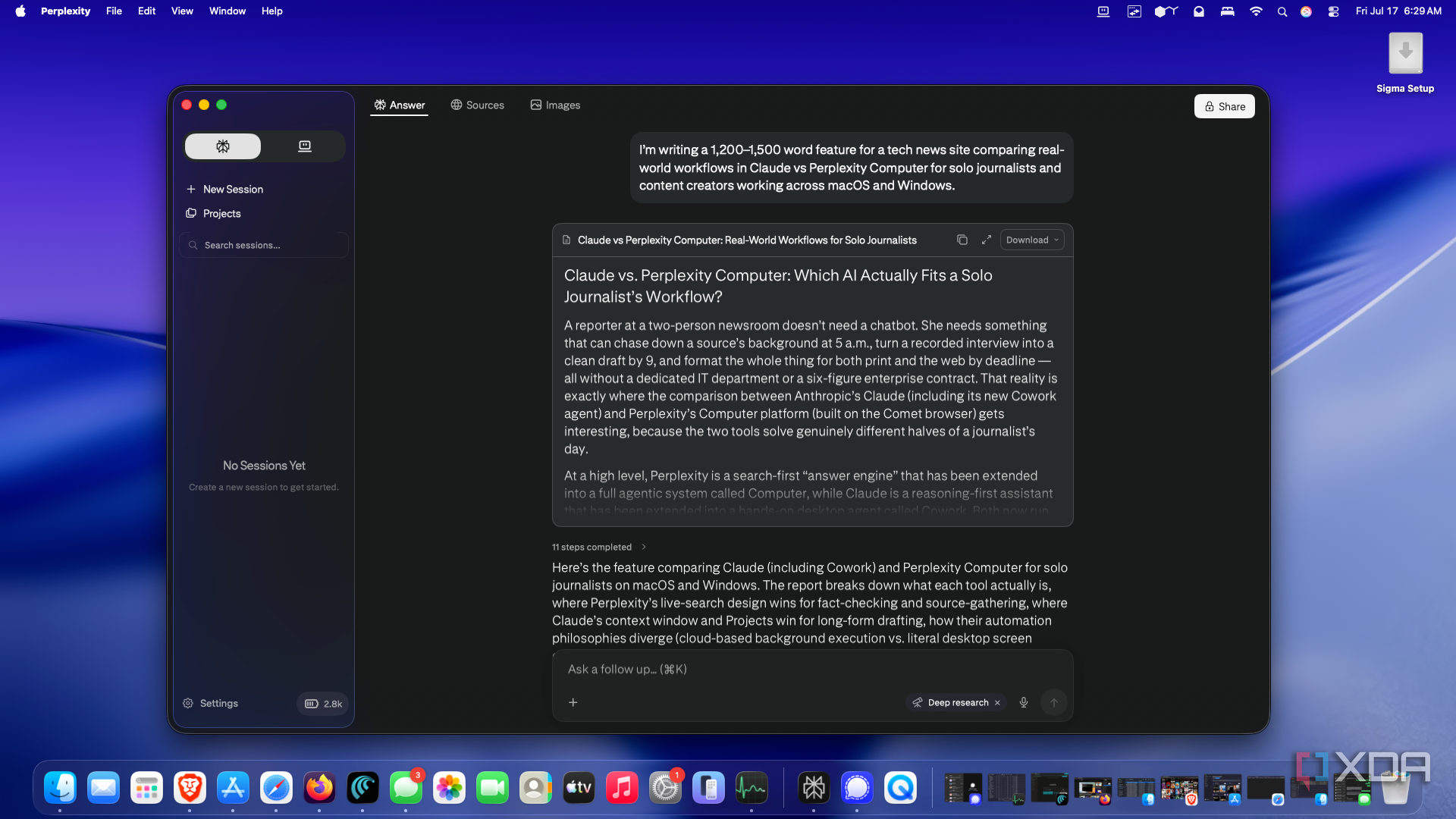 Shows Perplexity Deep Research on macOS