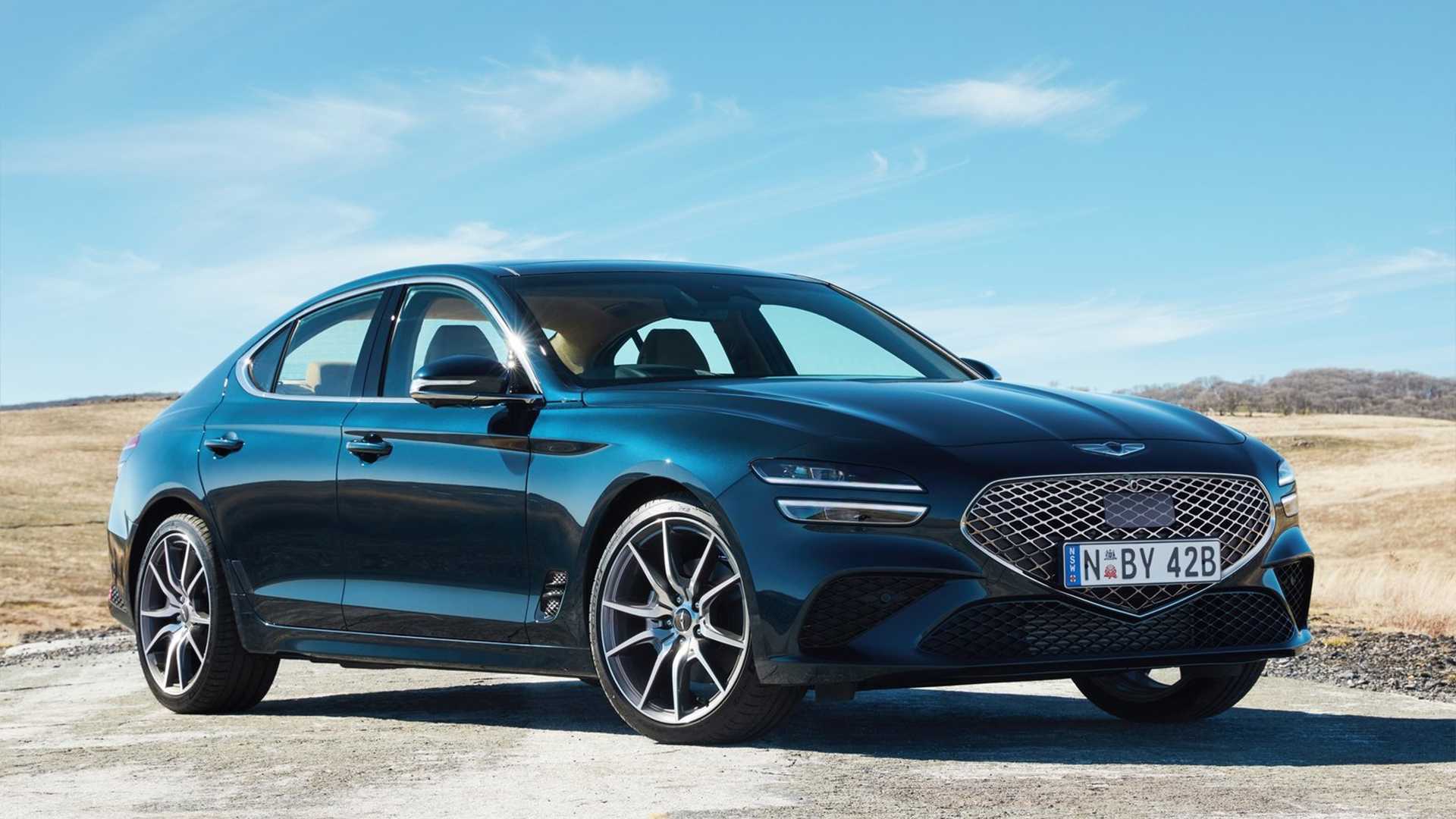 Front 3/4 view of 2024 blue Genesis G70.