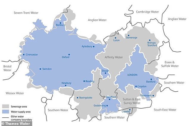 The Thames Water hosepipe ban covers the 10.1million customers that the firm supplies across London, the Thames Valley and the home counties. These areas are marked in blue