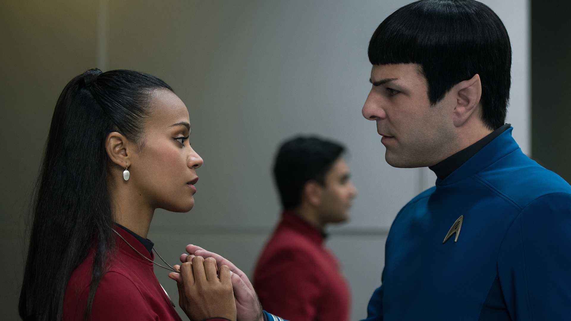 Zoe Saldana as Uhura and Zachary Quinto as Spock in Star Trek Beyond