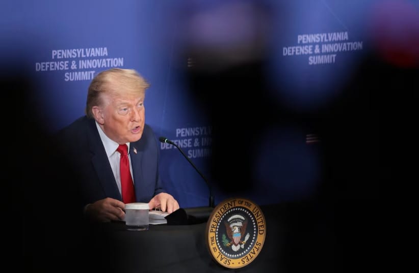 US President Donald Trump speaks at the Pennsylvania Defense and Innovation Summit at the United States Army War College in Carlisle, Pennsylvania, US, July 15, 2026. (credit: Kylie Cooper/Reuters)