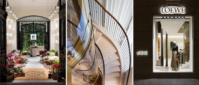 Three views a floweradorned entry a curved staircase and a storefront with the Loewe logo