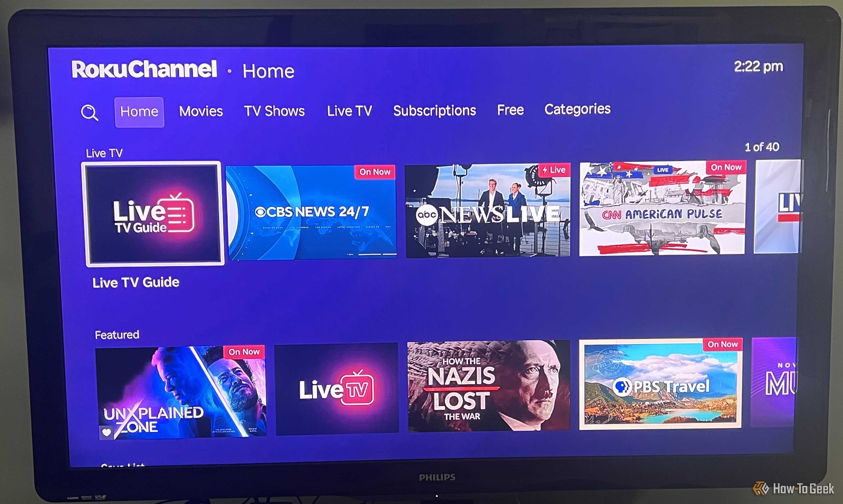 An image of The Roku Channel home page showing live TV and featured content.