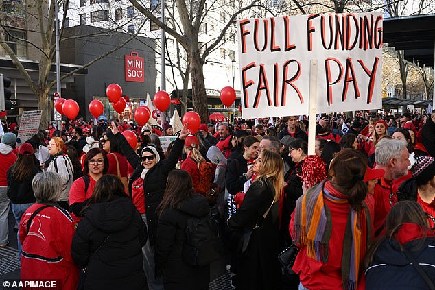 Thousands of teachers have gone on strike in Victoria as they take to the streets and demand higher pay - after rejecting a 28 per cent increase over four years
