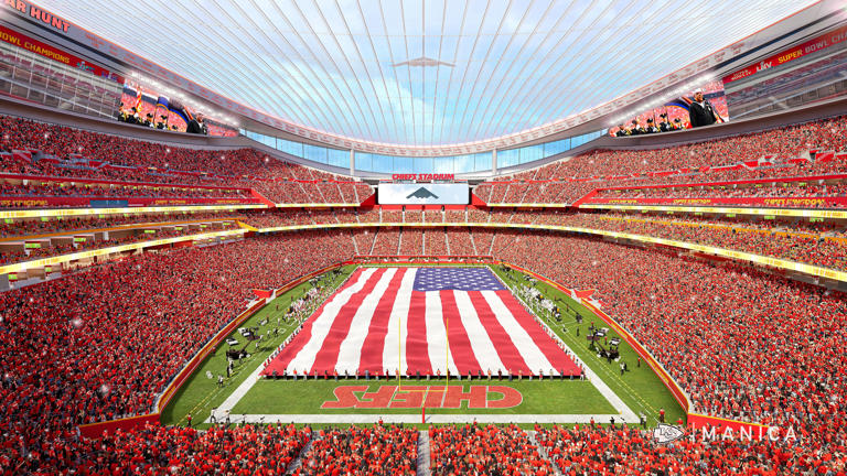 Esta ilustración sin fecha, proporcionada por los Chiefs de Kansas City el miércoles 22 de julio de 2026, muestra un diseño inicial del nuevo estadio techado del equipo, cuya inauguración está prevista para 2031 en Kansas City, Kansas. (Kansas City Chiefs/MANICA vía AP)