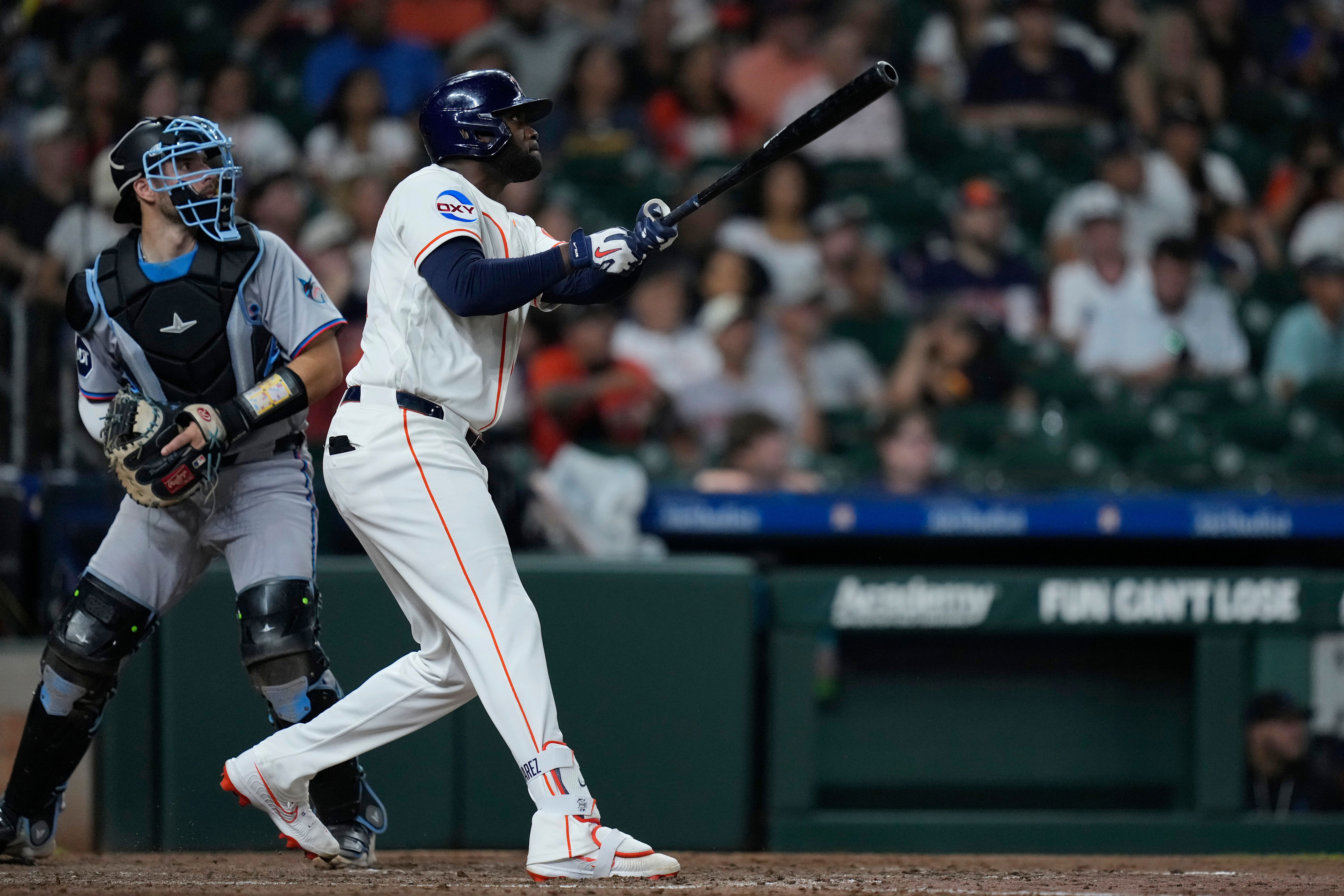 Houston Astros' Yordan Alvarez hits a two-run home run during the eighth inning of a baseball game against the Miami Marlins, Wednesday, July 22, 2026, in Houston. (AP Photo/Kevin M. Cox)