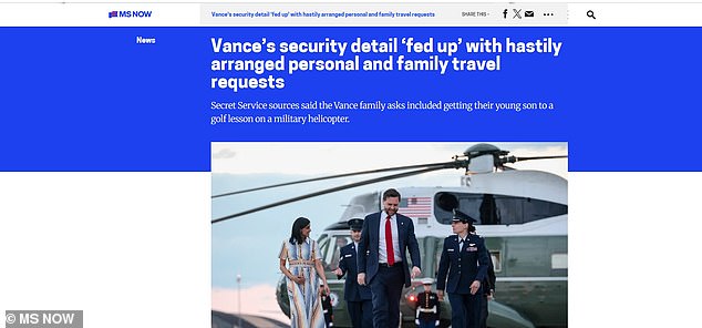 As part of the coverage, MS Now described Vance's planned travel, including flying with his son on a Marine Corps helicopter for a golf lesson
